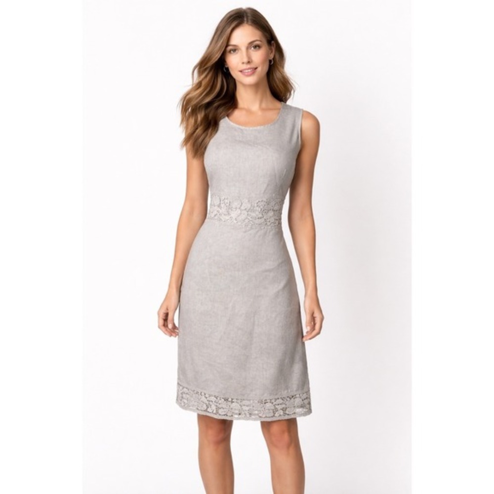 Femme Fatale Gray 100% Linen Shift Dress Lace Trim Sleeveless Women Italy M EST